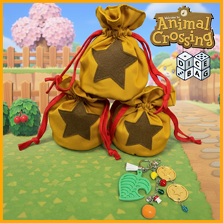 Animal Crossing style dice bags stacked on grass.